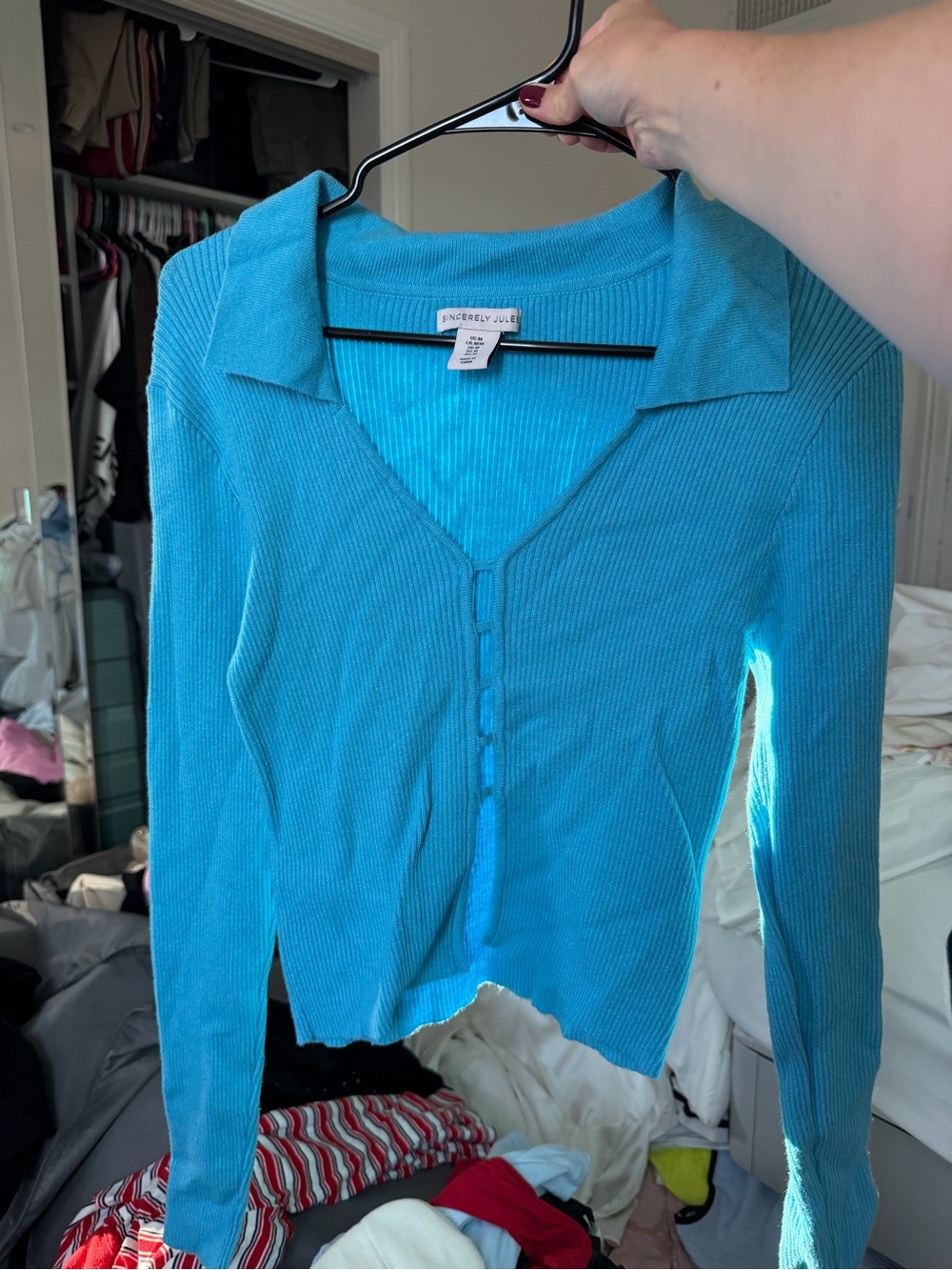 ASOS Bright Turquoise Button-Front Ribbed Collared Sweater